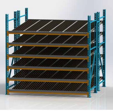 A blue and orange carton flow racking system with six gray shelves on it